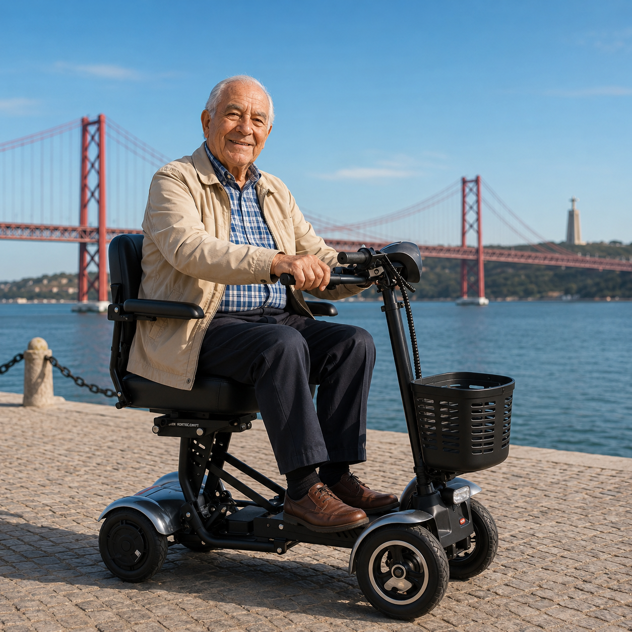 Sénior numa scooter Villa Mobility junto à Ponte 25 de Abril